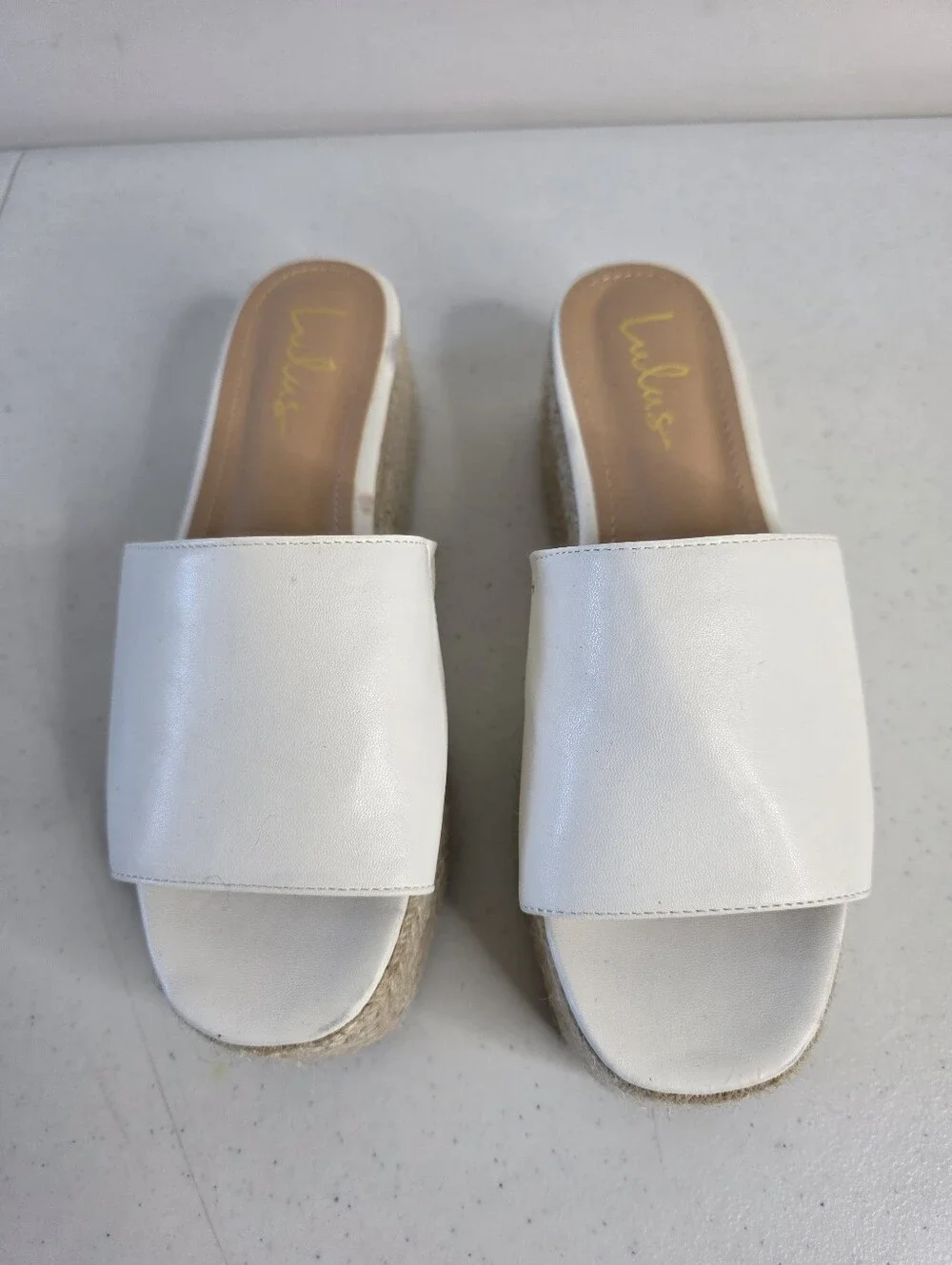 Lulus O'ahu White Espadrille Platforms Size 8 Soft Faux Leather Slides Coastal